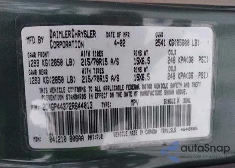 2002 Chrysler Town & Country Lx z USA, uszkodzony, nr VIN 2C4GP44372R644013